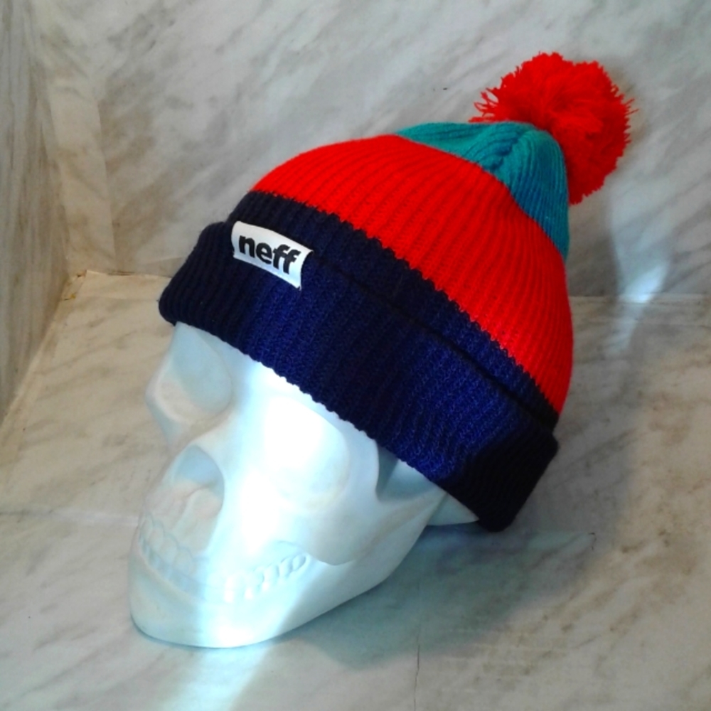 Neff Multicolor Pom Fold Beanie Knit Hat Cap NWT striped color block